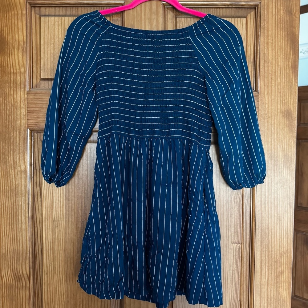 Abercrombie Kids Dress Girls 13/14 Dark Blue Stripes Ruching Smocked Fall Casual - Picture 3 of 3